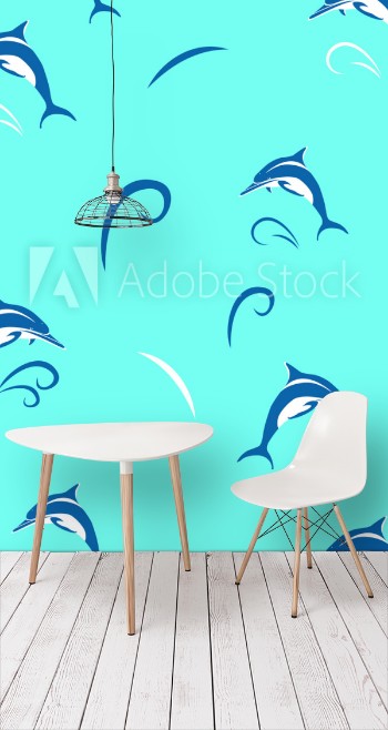 Picture of Dolphin stylized Vector seamless pattern on blue background